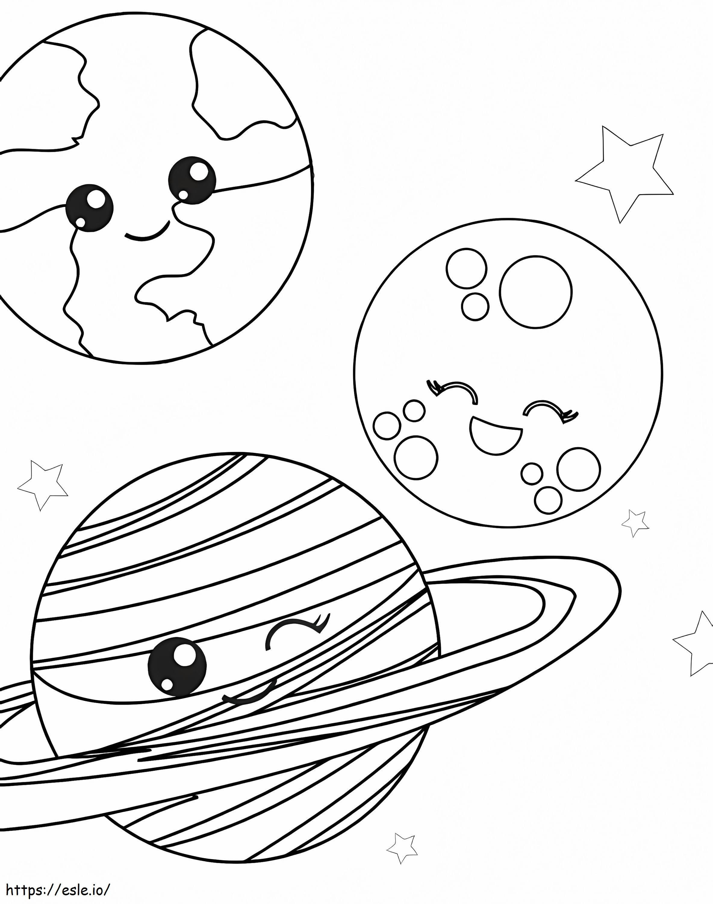 Coloriage Trois planètes souriant dans l'espace à imprimer dessin