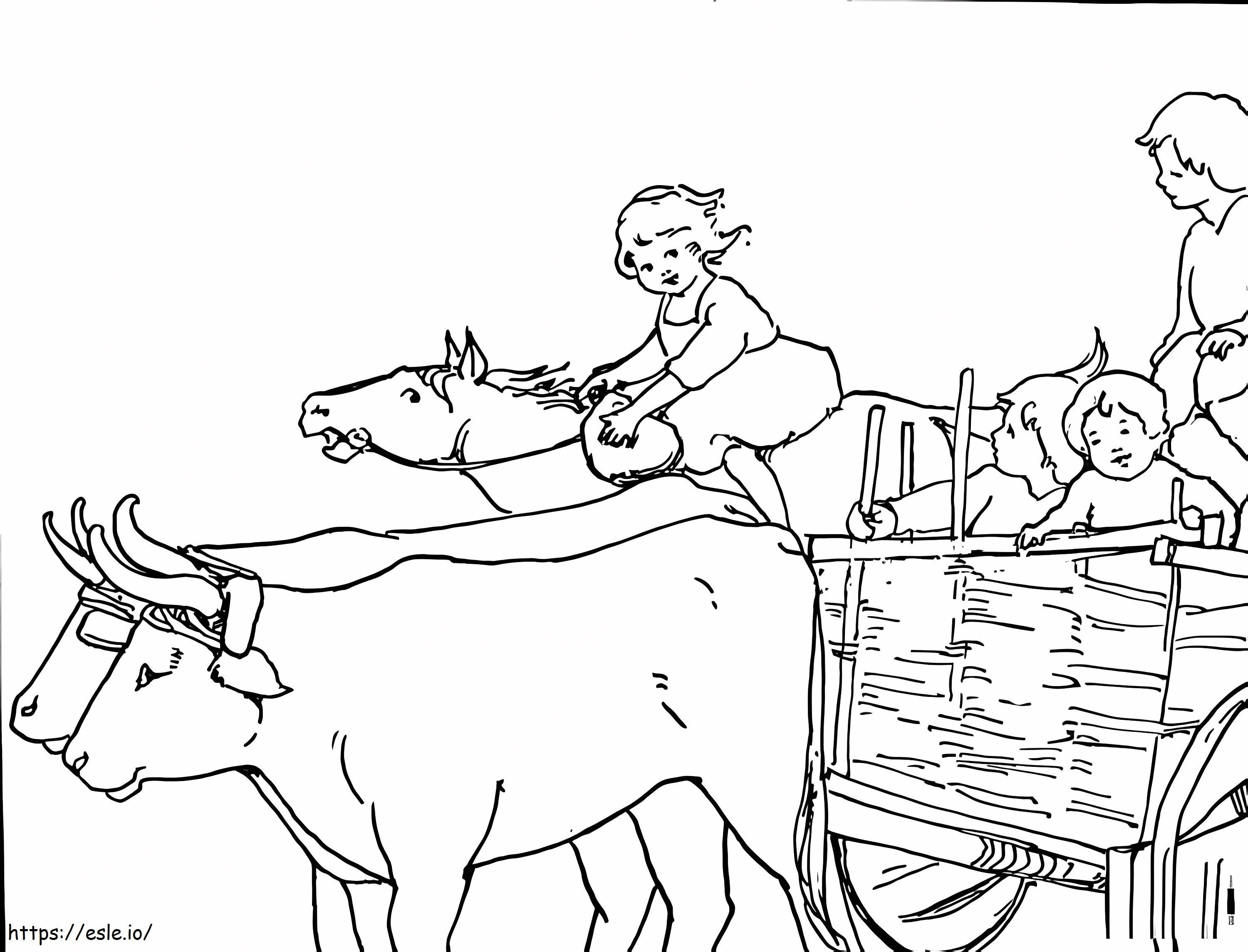 Coloriage Une fille chevauche des bœufs à imprimer dessin