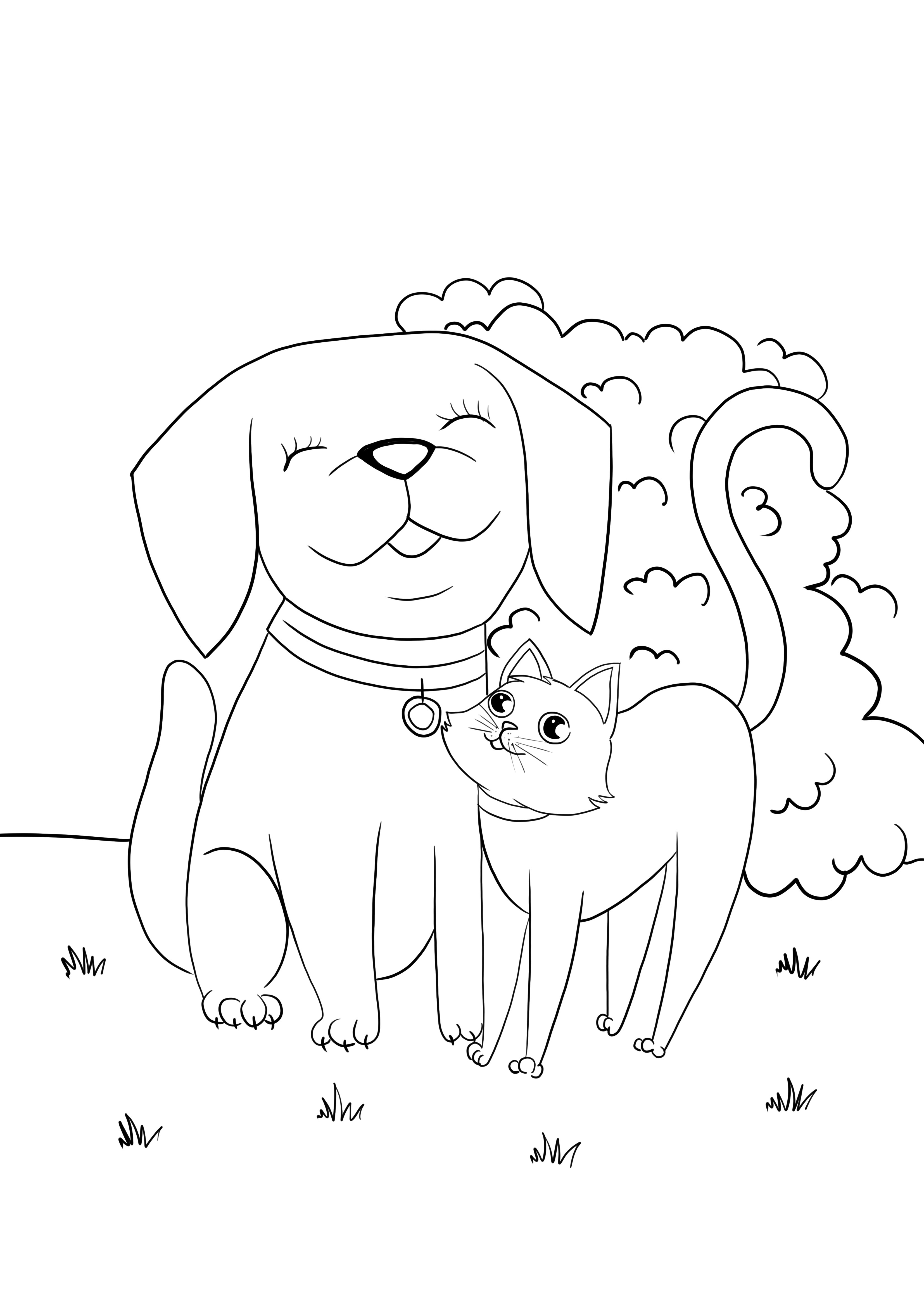 Hond en kat knuffelen afbeelding om in te kleuren en gratis te printen of te downloaden kleurplaat