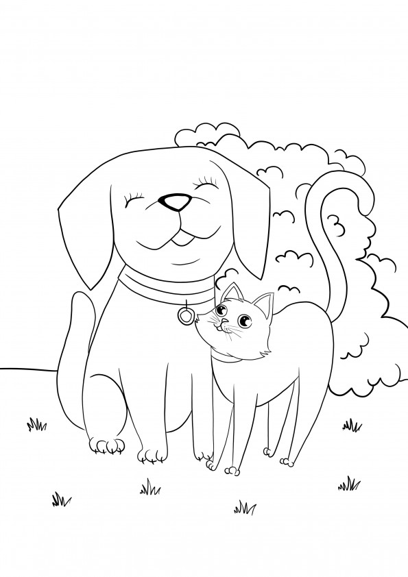 Imagine de câine și pisică care se îmbrățișează pentru colorat și gratuit pentru imprimare sau descărcare