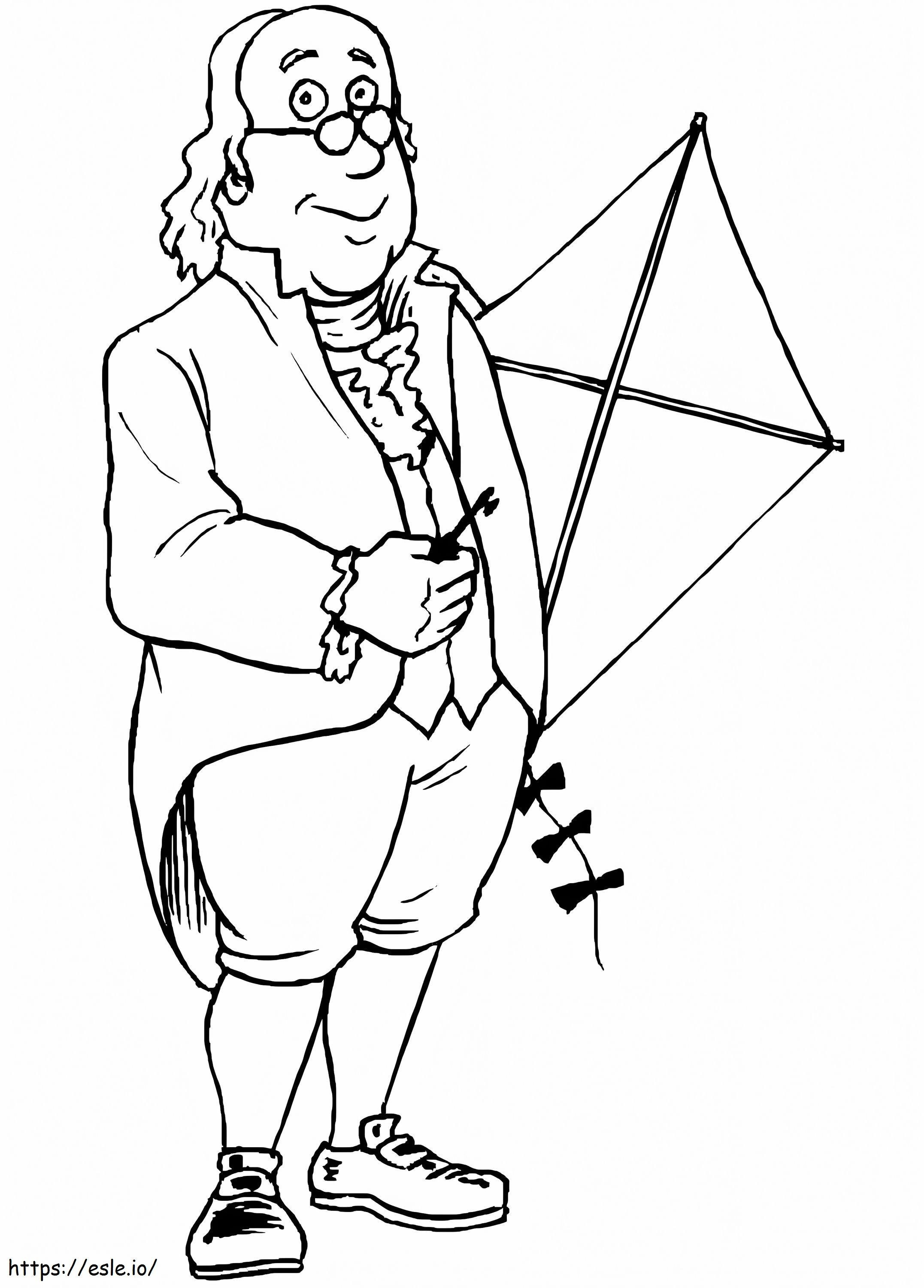 Coloriage Benjamin Franklin avec cerf-volant à imprimer dessin