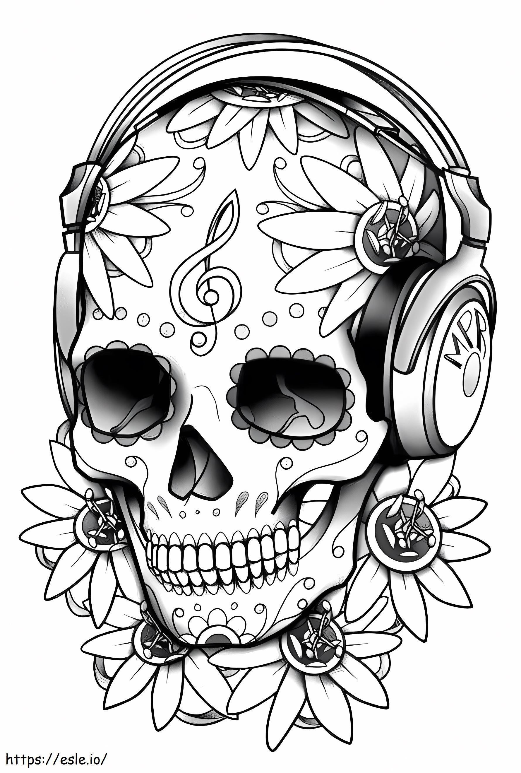 Coloriage Crânes écoutant de la musique et du tournesol à imprimer dessin