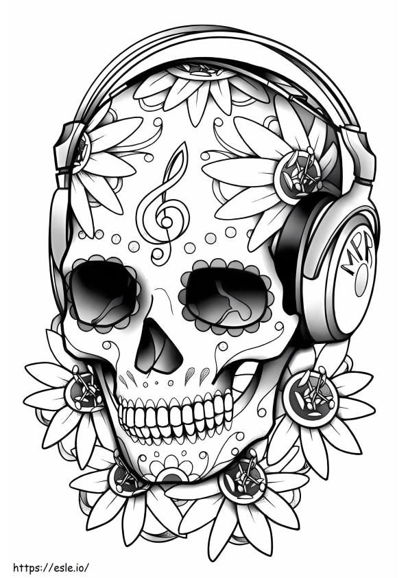 Coloriage Crânes écoutant de la musique et du tournesol à imprimer dessin