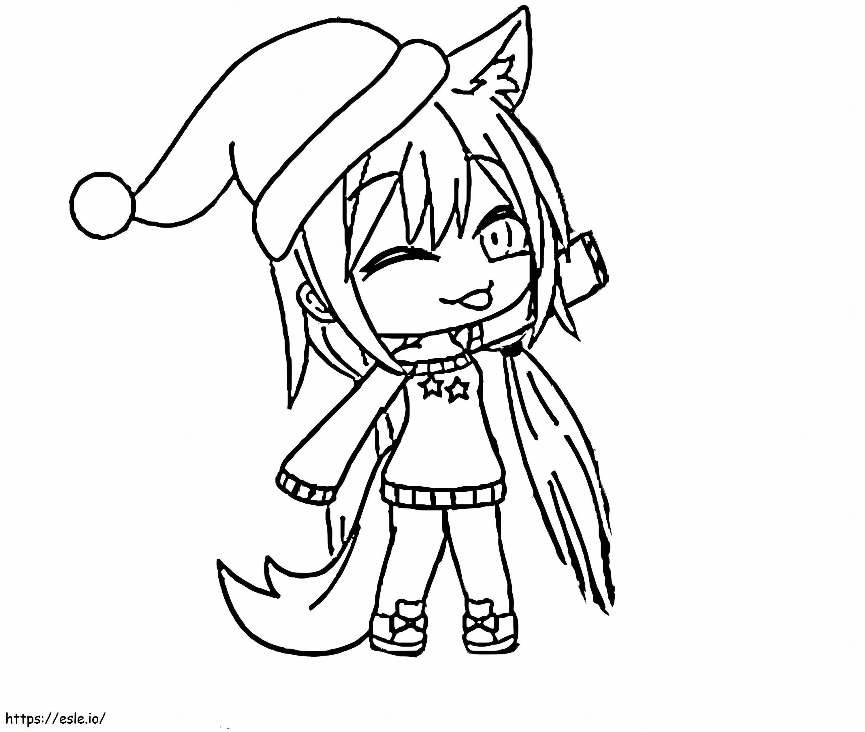 Menina lobo com chapéu de natal para colorir
