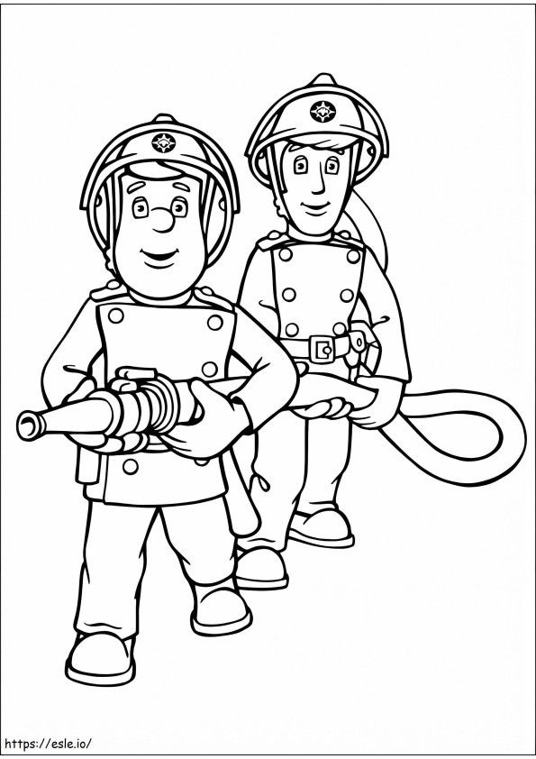 Coloriage Sam le pompier et ses coéquipiers tenant un tuyau à imprimer dessin