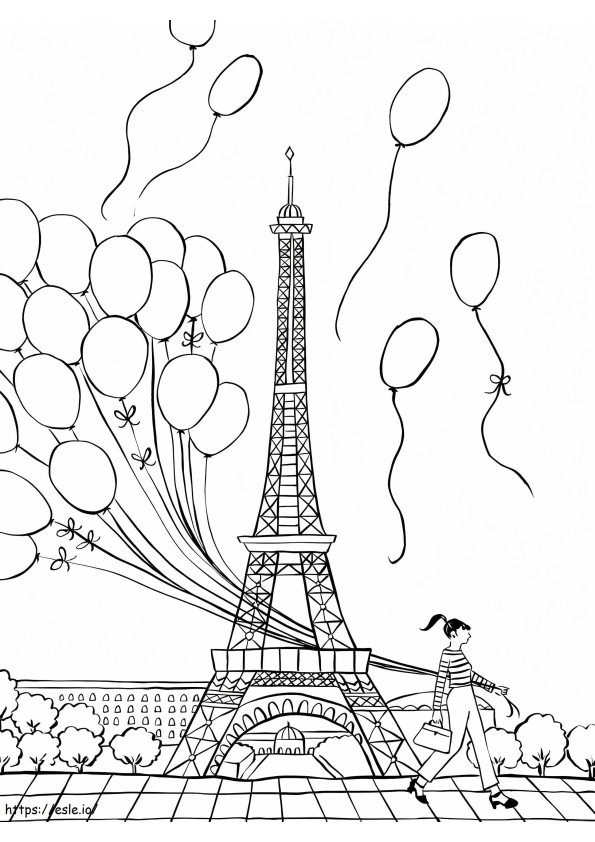 Coloriage Fille tenant un ballon à Paris à imprimer dessin