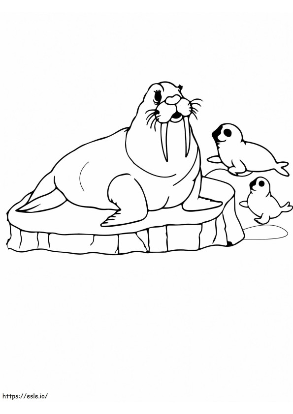Coloriage Morse et veaux Animaux arctiques à imprimer dessin