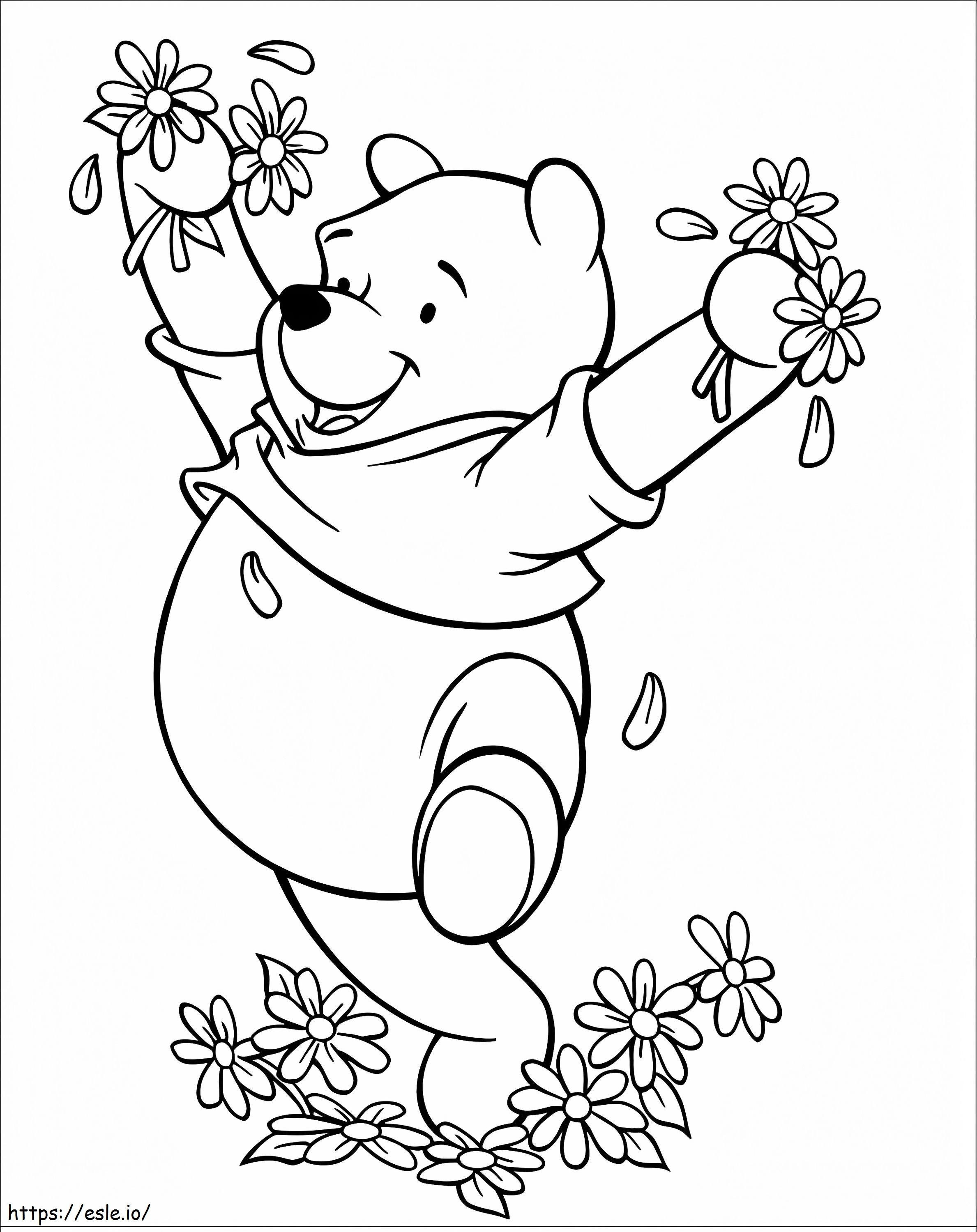 Gelukkige Winnie van de Poeh met bloemen kleurplaat kleurplaat