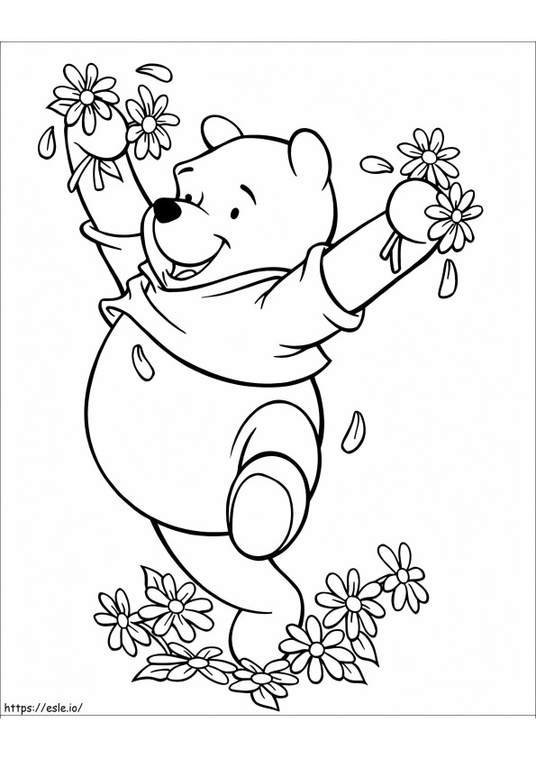 花を持つプーさんの幸せなクマ ぬりえ - 塗り絵