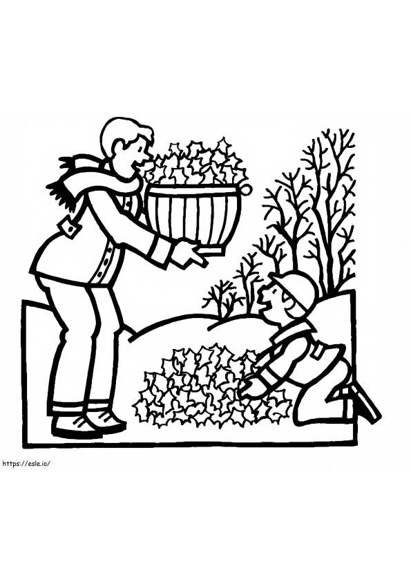Coloriage Papa et fils rassemblant des feuilles d'automne à imprimer dessin
