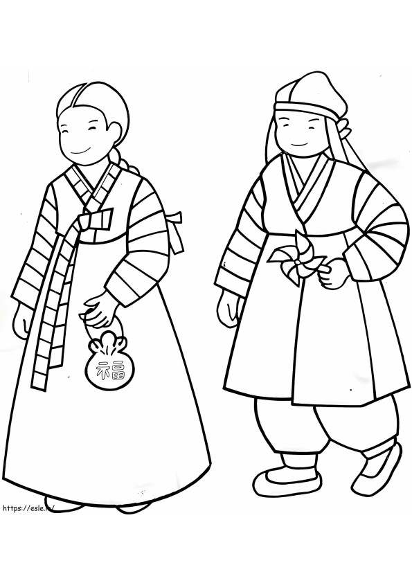 Hanbok tradicional sul-coreano para colorir