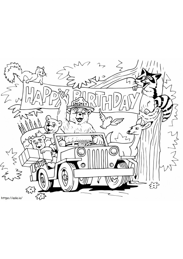 Feliz cumpleaños Smoky Bear y amigo para colorear