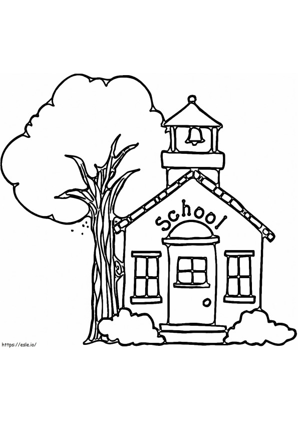 Koulu puun kanssa värityskuva