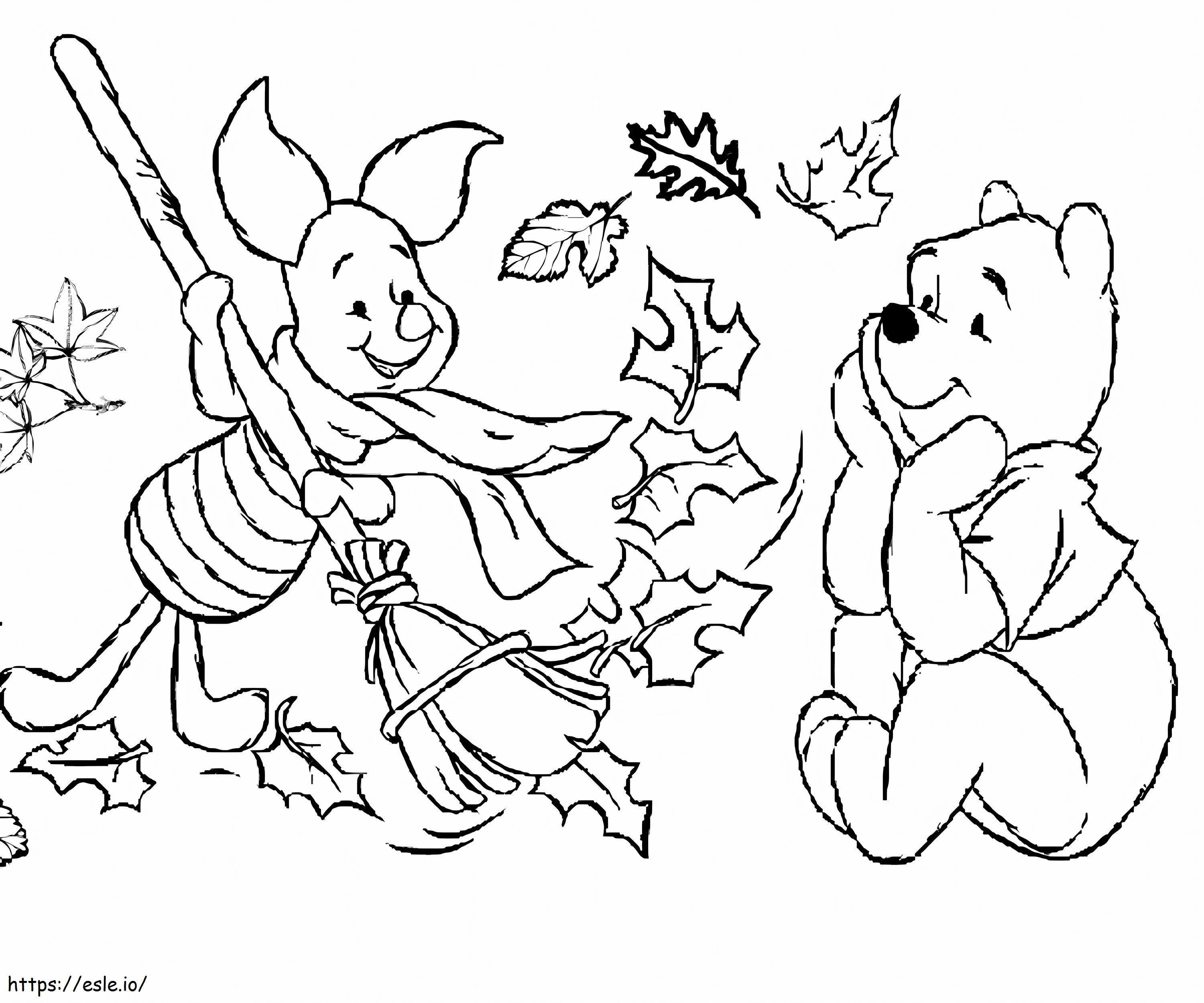 秋の子豚とクマのプーさん ぬりえ - 塗り絵