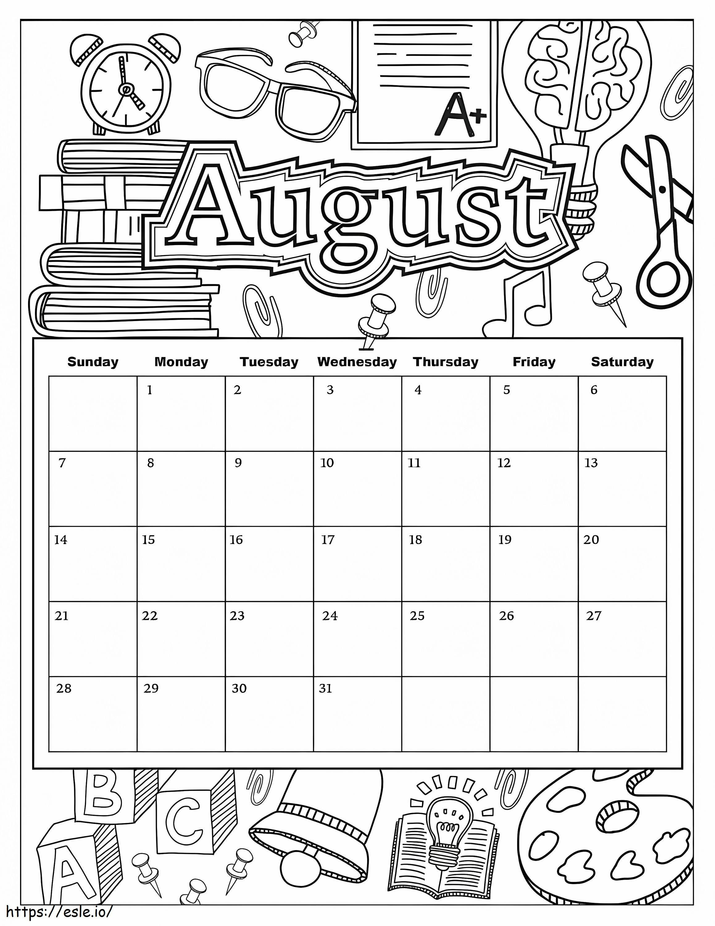 Calendario agosto para colorear