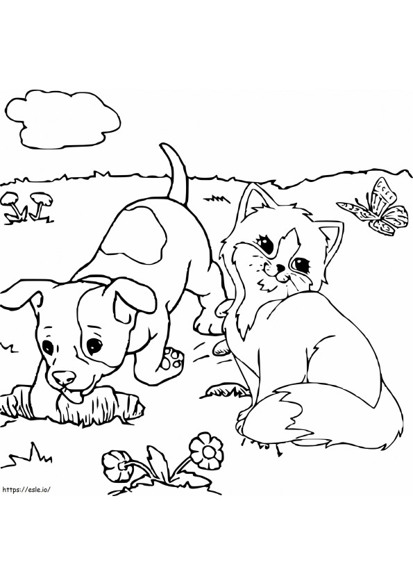 Lindo gato e cachorro para colorir