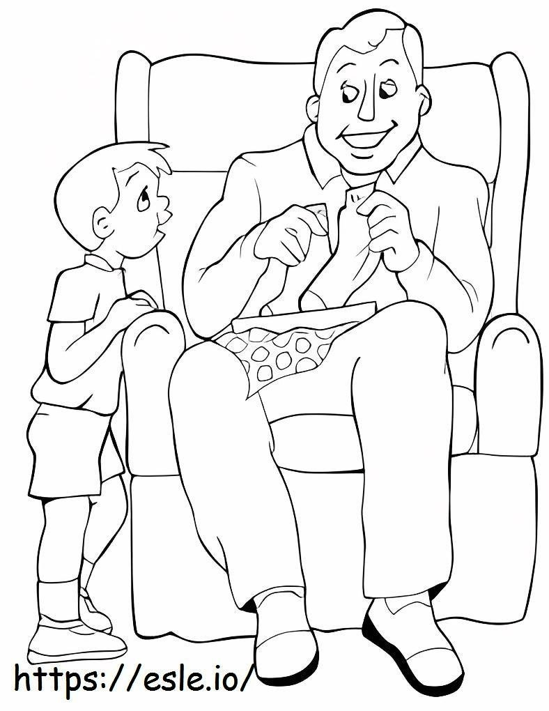 Pai e filho sentados para colorir