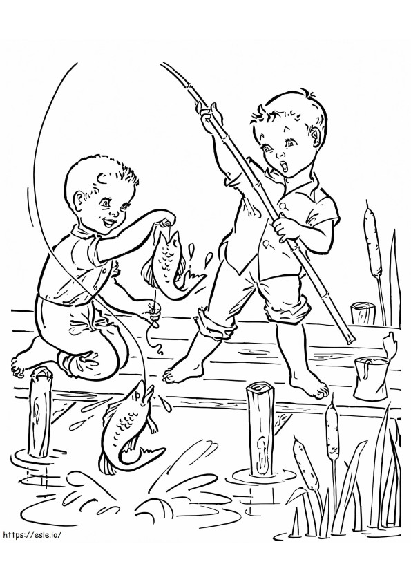 İki Çocuk Balık Tutma Eğlencesi boyama