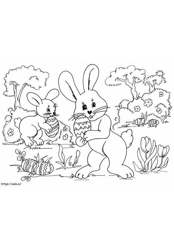 Dois coelhinhos com ovo de Páscoa para colorir