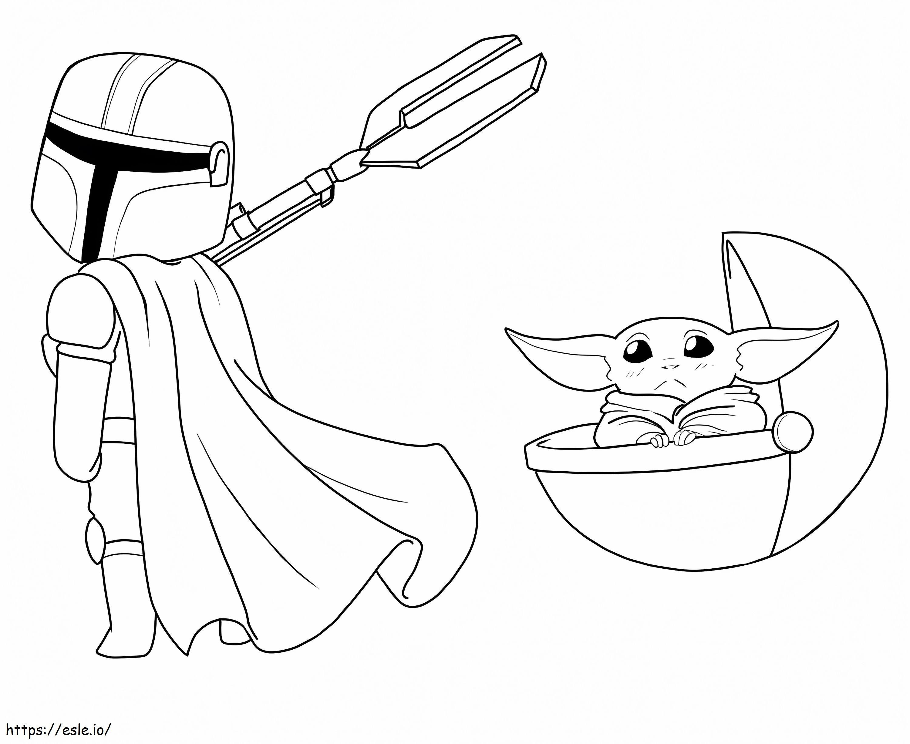 Cute Baby Yoda With Mandalorian coloring page