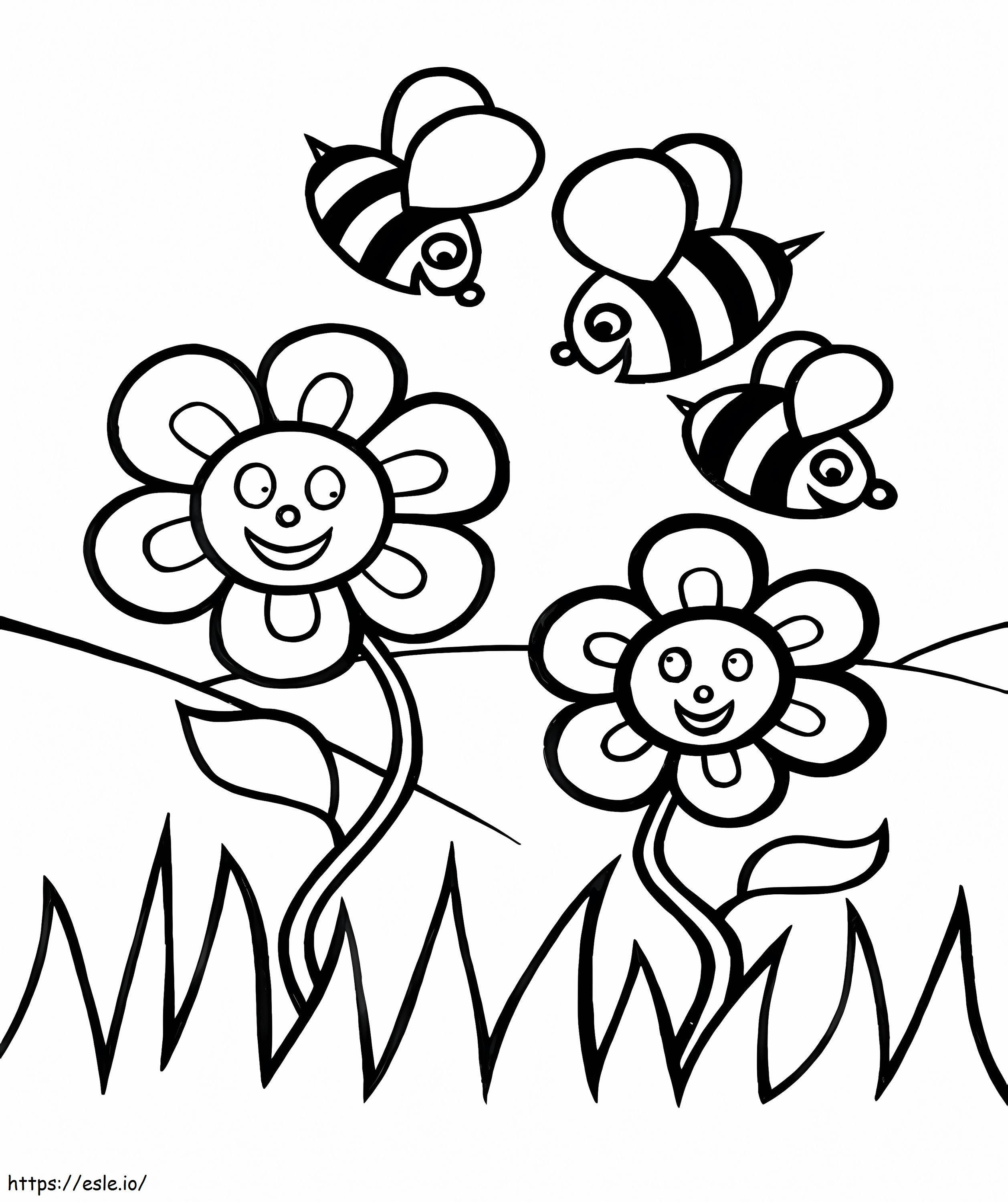 Three Bees With Flowers coloring page