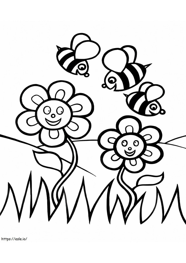 Tiga Lebah Dengan Bunga Gambar Mewarnai
