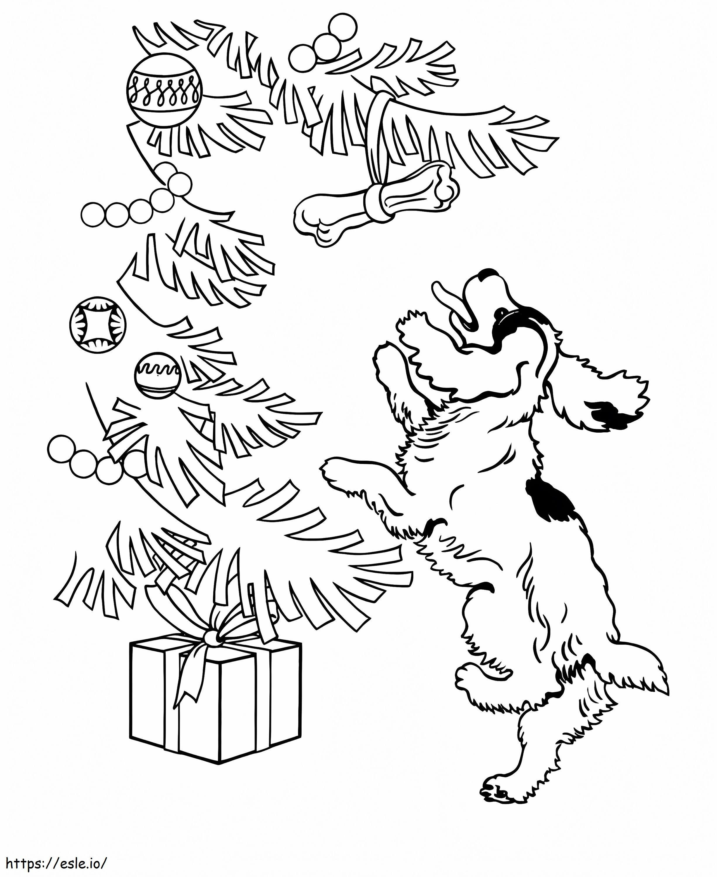 Perro y árbol de Navidad para colorear