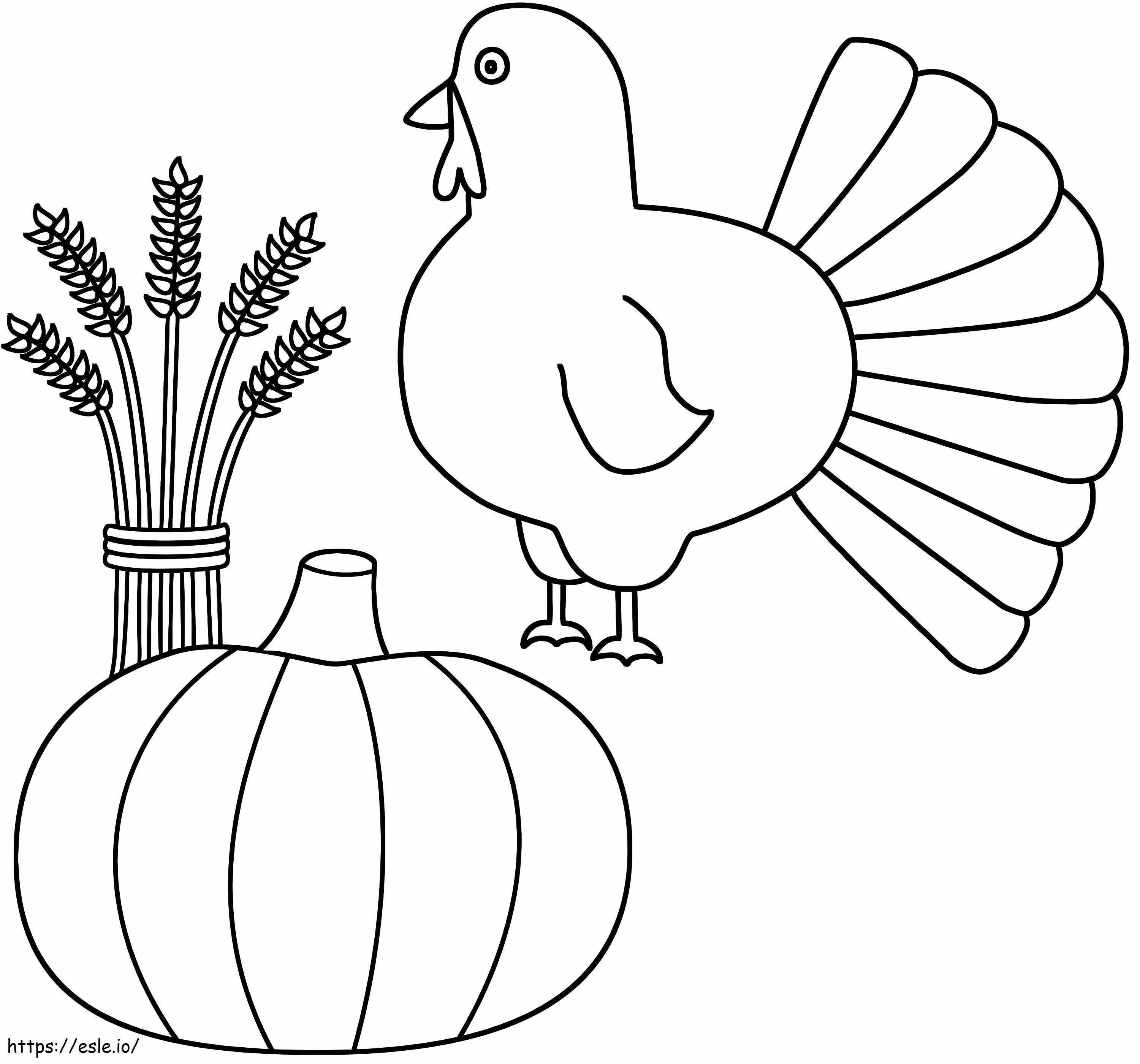 Turkey With Pumpkin And Sheaf Of Wheat coloring page