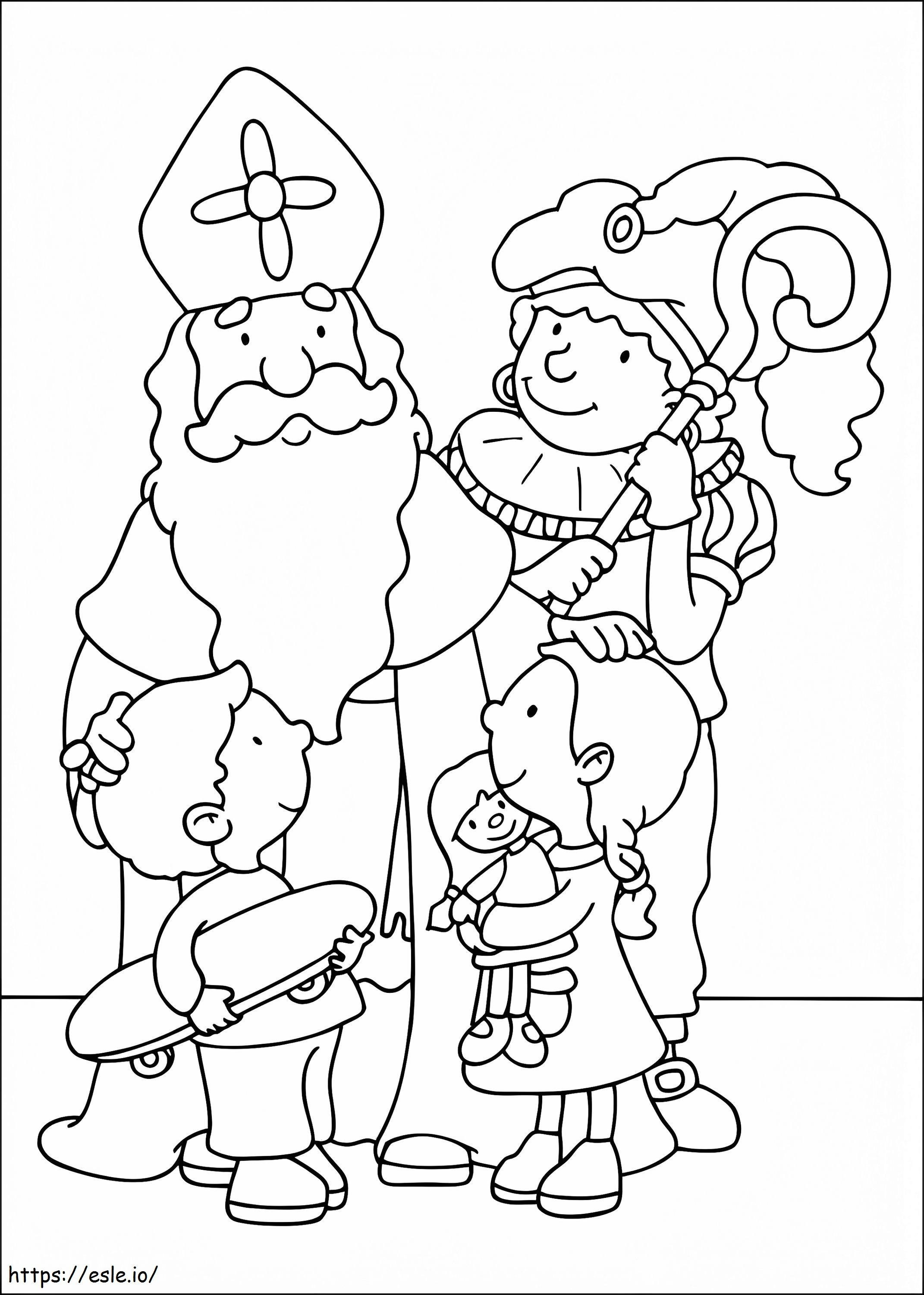 Lapset ja Pyhä Nikolaus värityskuva