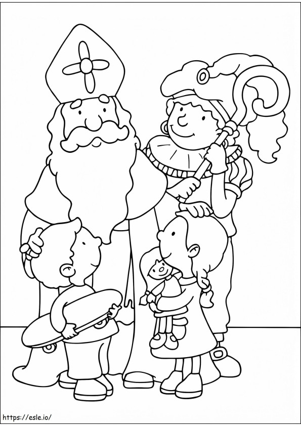 Copii și Sfântul Nicolae de colorat