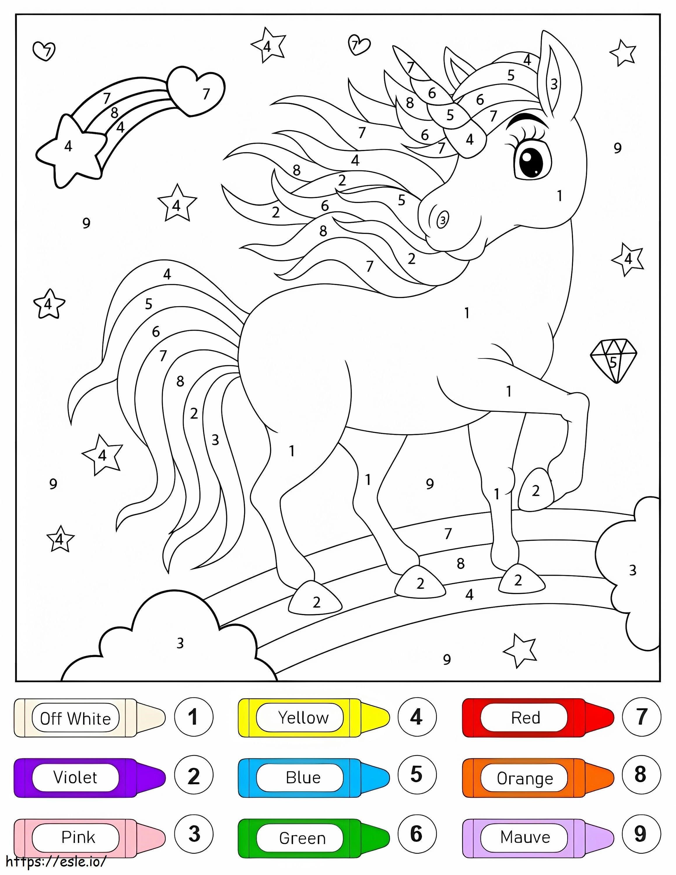 Coloriage Licorne sur l'arc-en-ciel couleur par numéro à imprimer dessin