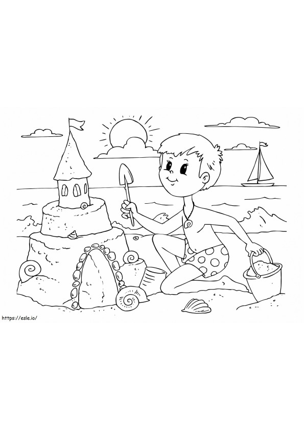 Băiat care construiește un castel de nisip de colorat