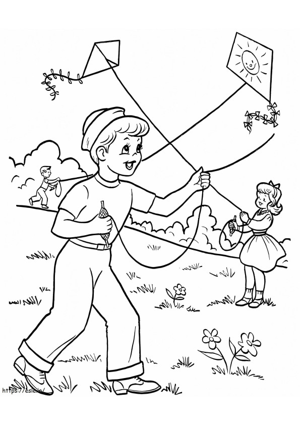 子供たちの凧揚げ ぬりえ - 塗り絵