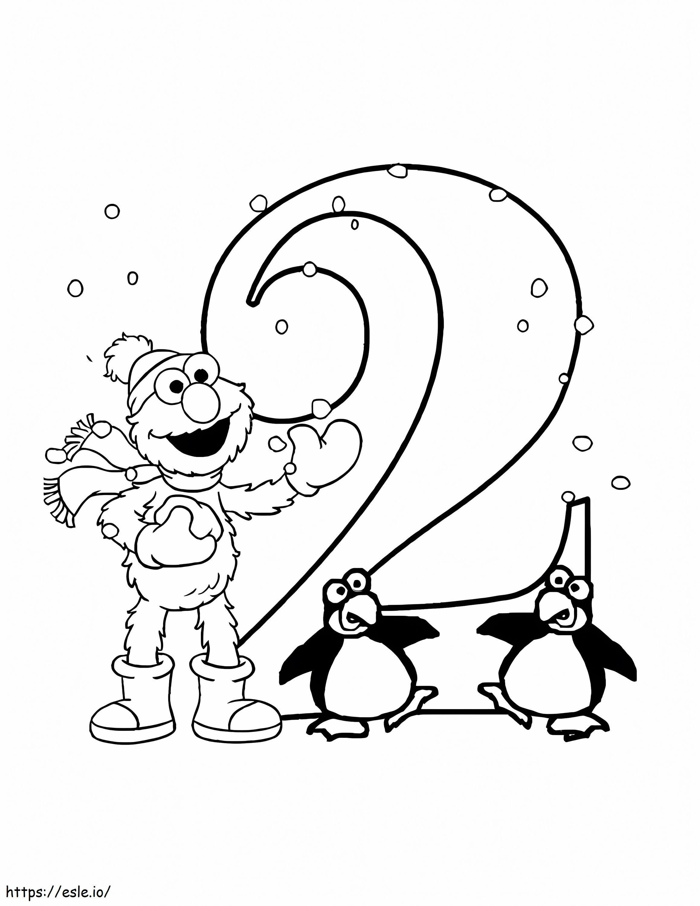 Elmo y el número 2 con dos pingüinos para colorear