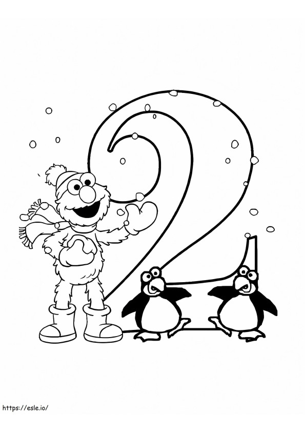 Elmo ja numero 2 kahden pingviinin kanssa värityskuva