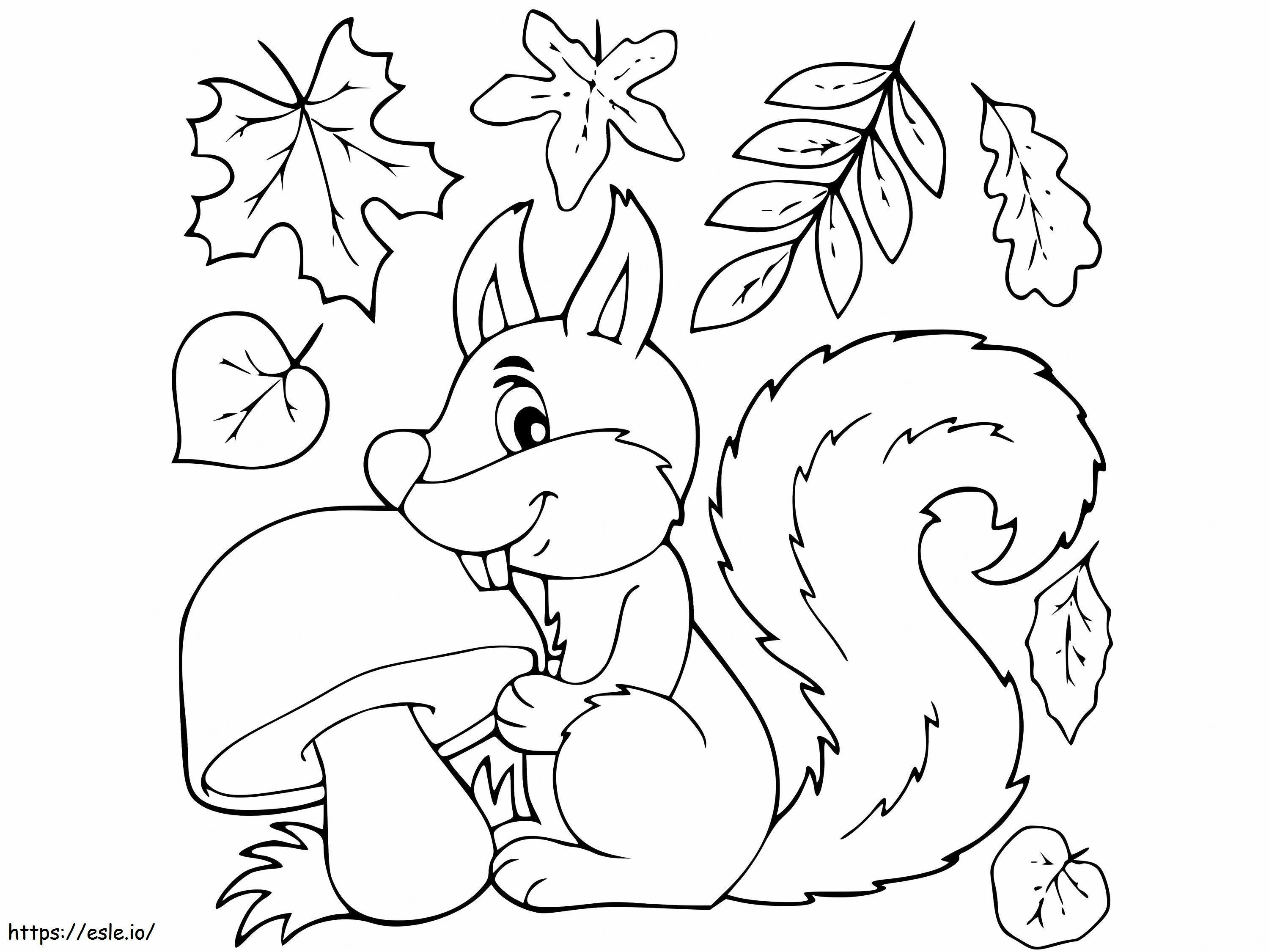 Coloriage Écureuil mangeant des champignons feuillus en automne à imprimer dessin