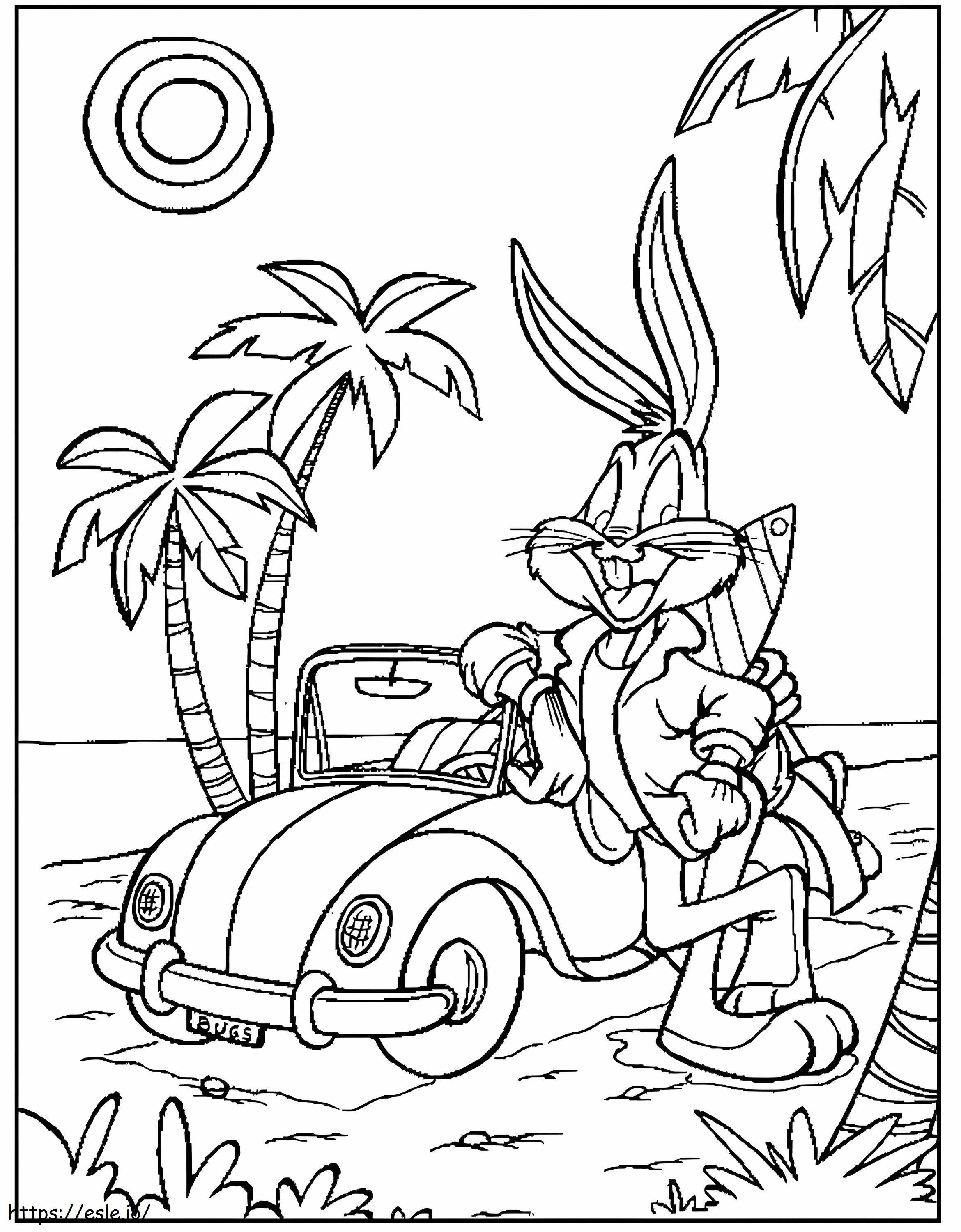 Coloriage Bugs Bunny avec voiture sur la plage à imprimer dessin