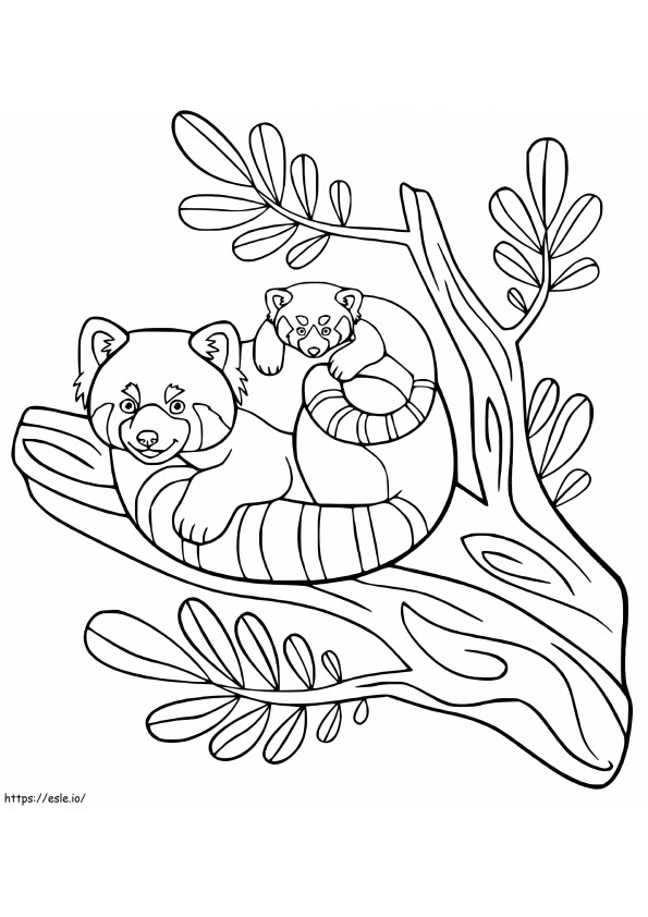 Madre y bebé panda en la rama de un árbol para colorear