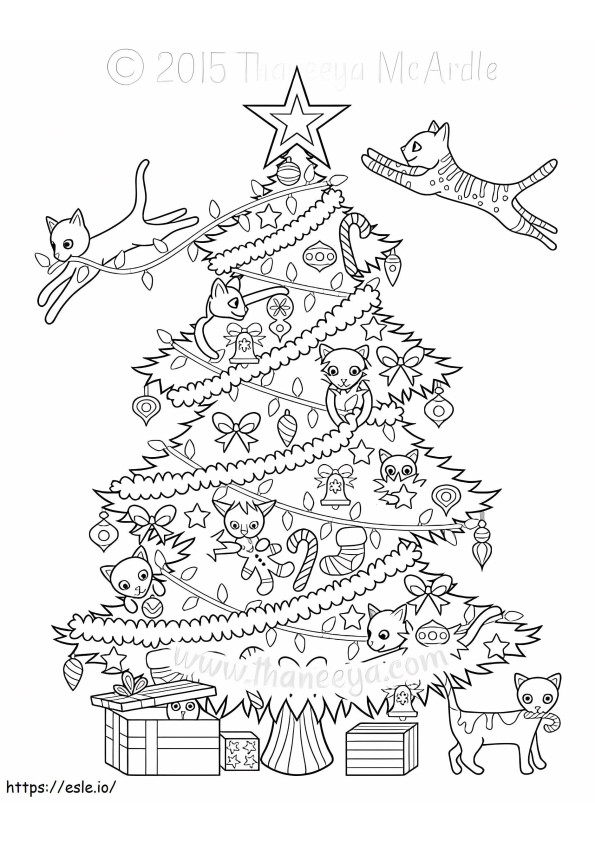 Gatinhos com árvore de Natal para colorir