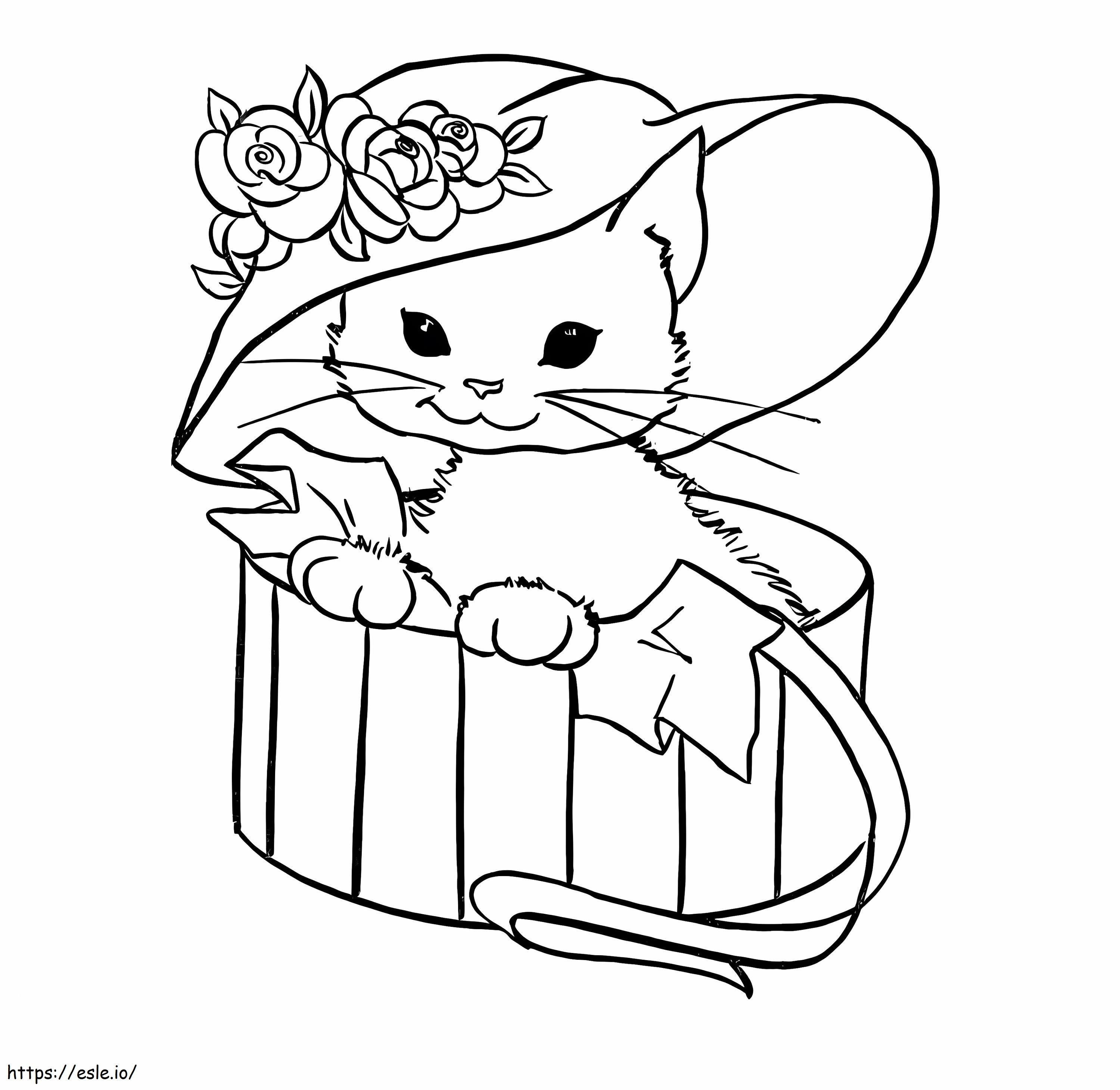 Coloriage Bébé chat avec fleur de chapeau dans une boîte à imprimer dessin