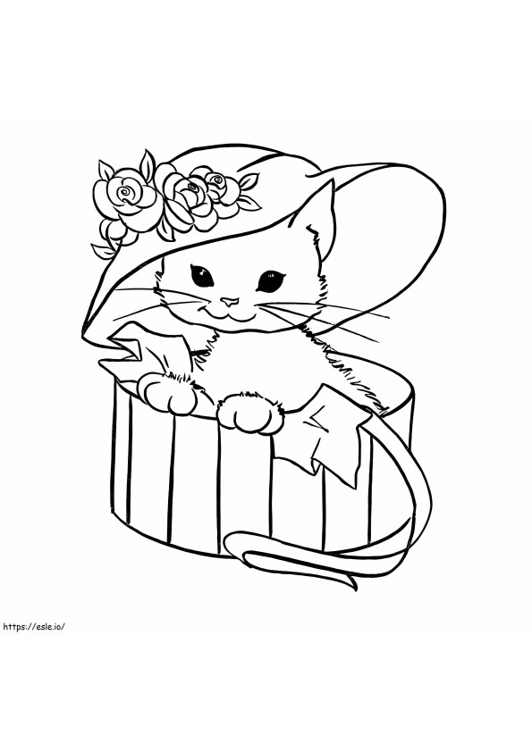箱の中に帽子の花を持つ赤ちゃん猫 ぬりえ - 塗り絵