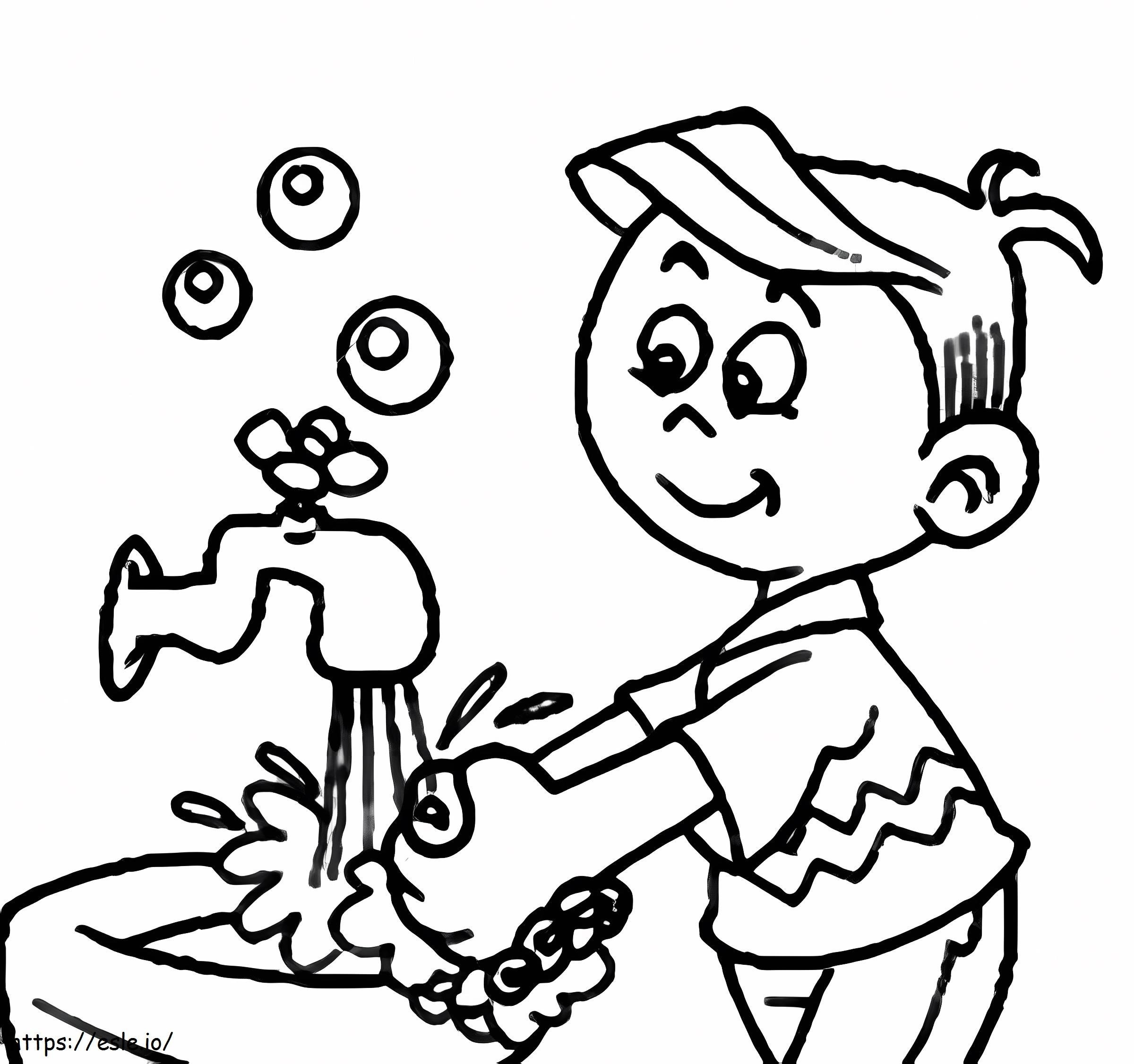 Egy fiú kezet mos kifestő