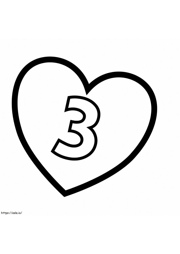Número 3 no coração para colorir