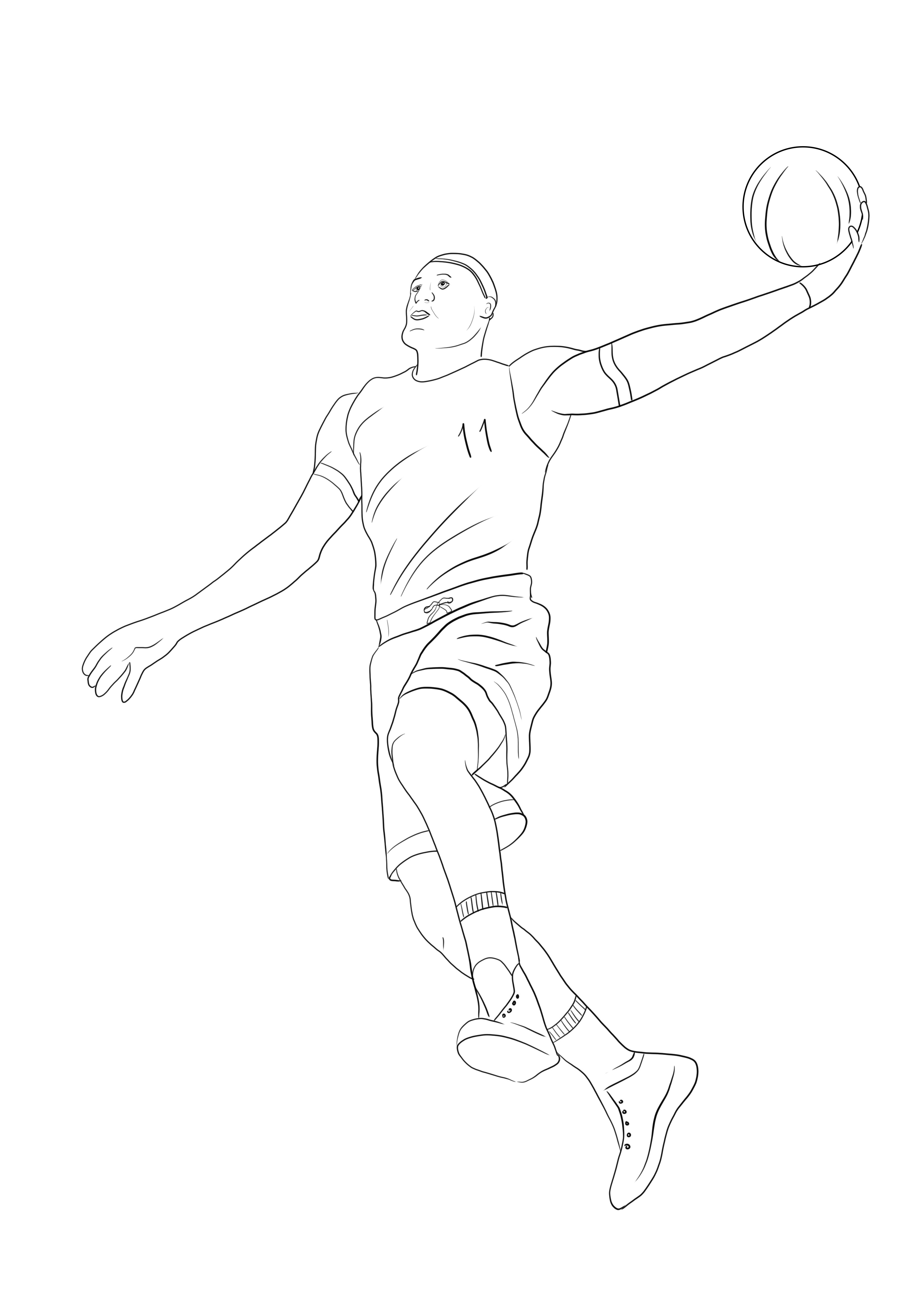 Jogador de basquete jogando a bola para imprimir e colorir grátis