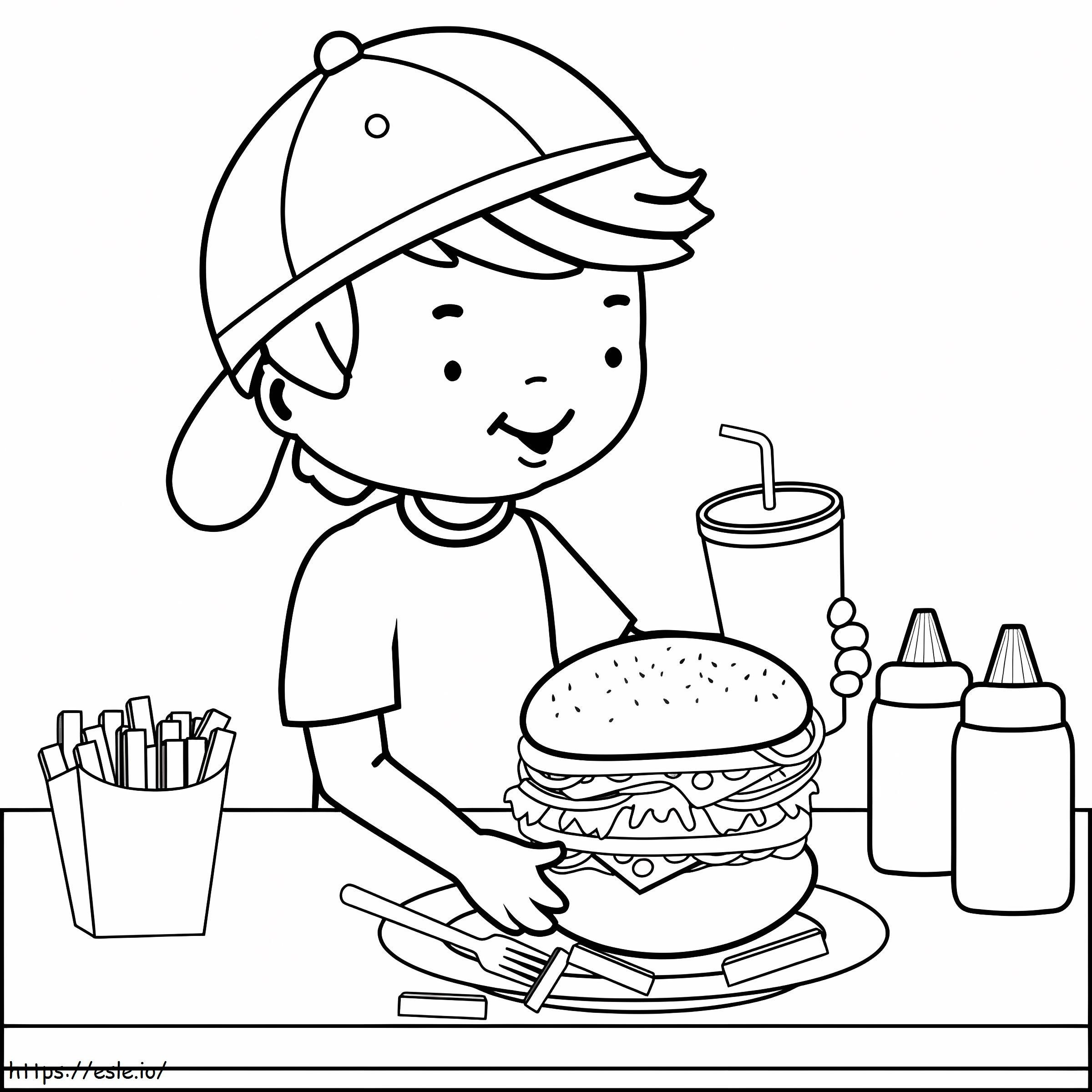 ハンバーガーと飲み物を持つ少年 ぬりえ - 塗り絵