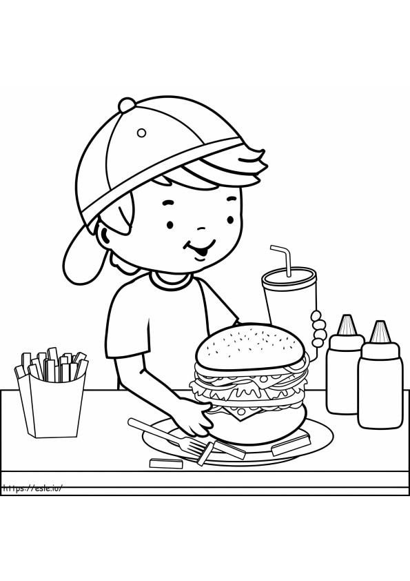 Coloriage Garçon avec hamburger et boissons à imprimer dessin