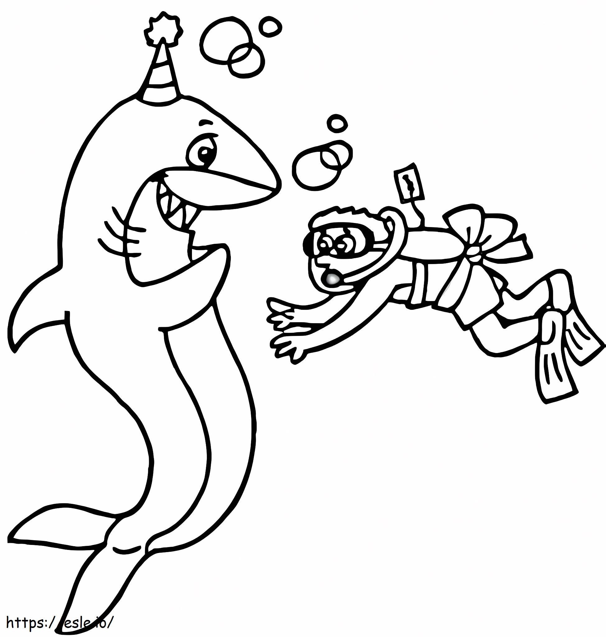 Diver Boy And Funny Shark Coloring Page