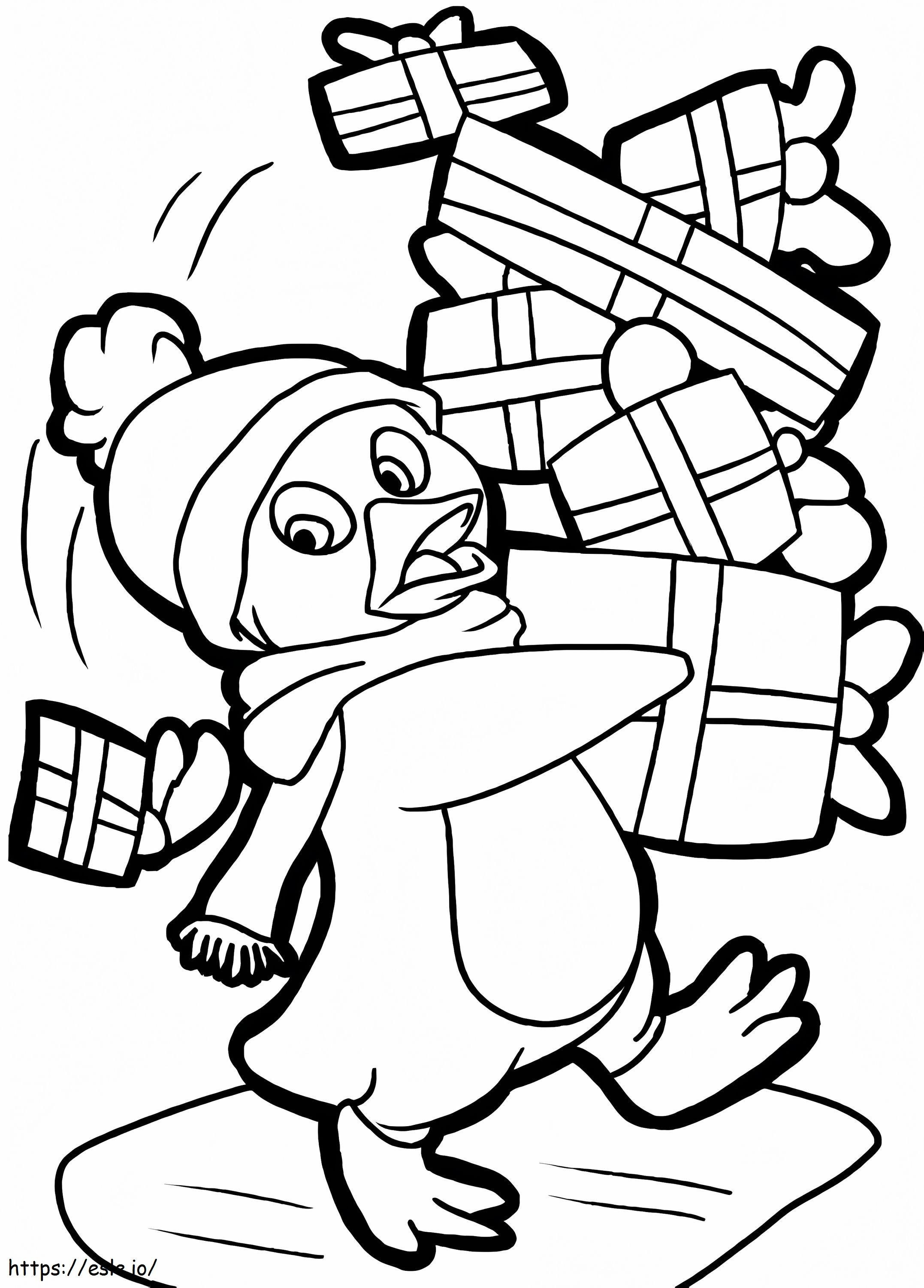 Coloriage Pingouin tenant des cadeaux de Noël 1 à imprimer dessin