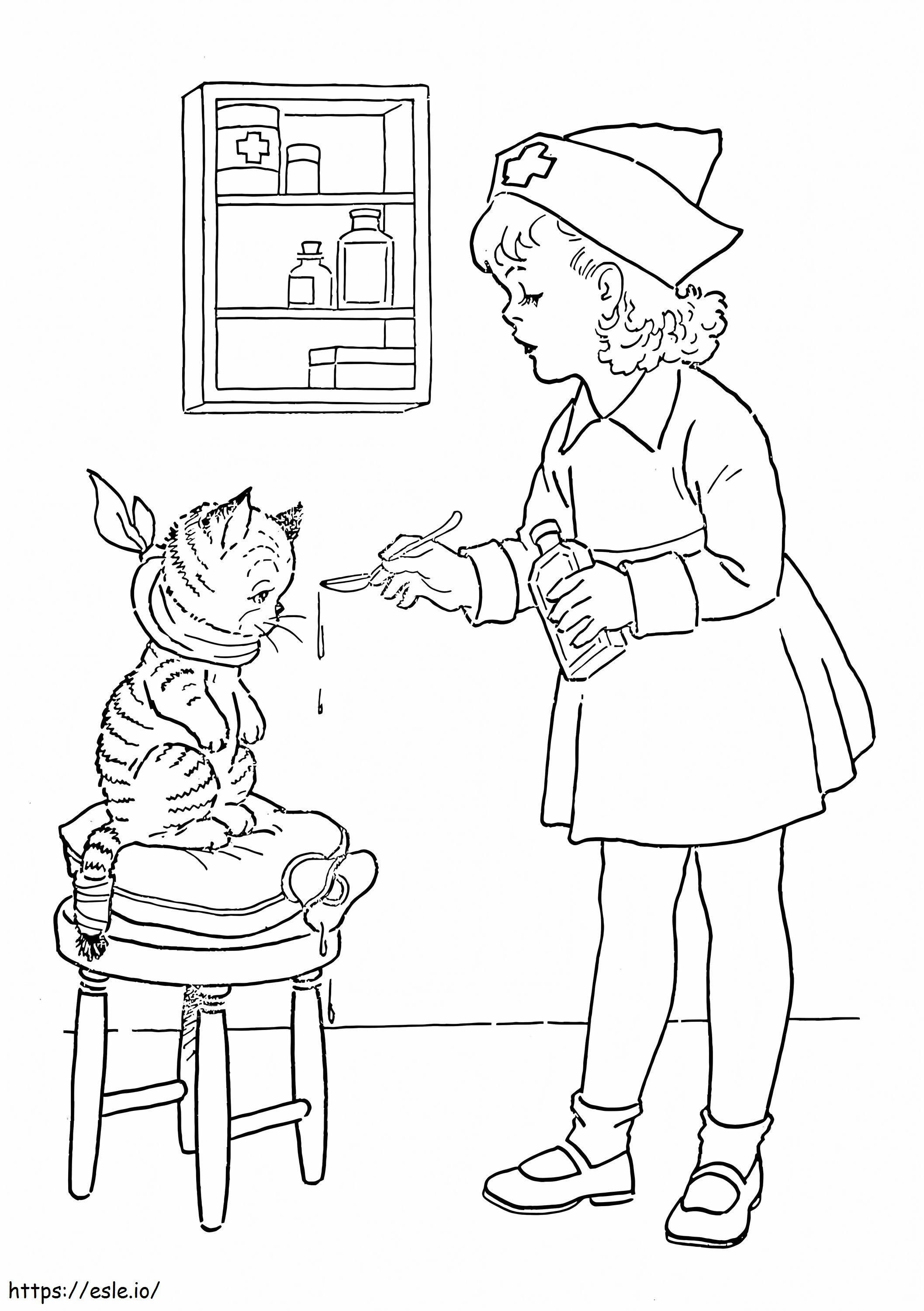 Enfermeira dando remédio para gato para colorir