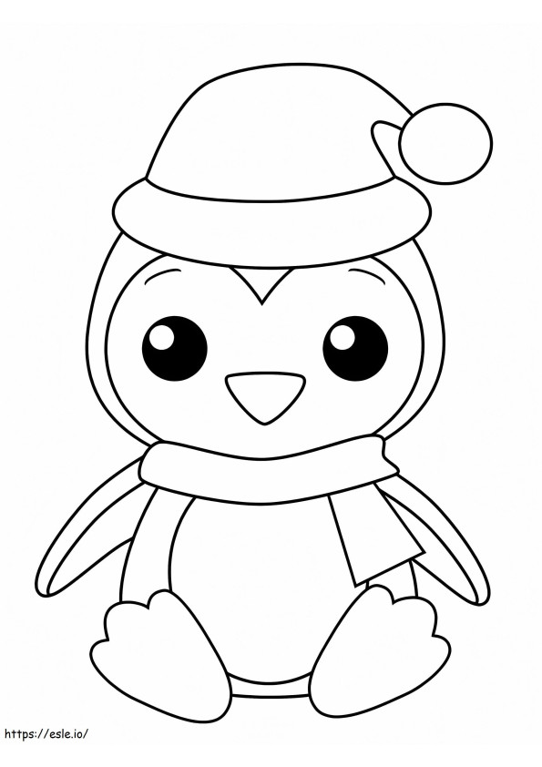 Pinguin cu pălărie de Moș Crăciun de colorat